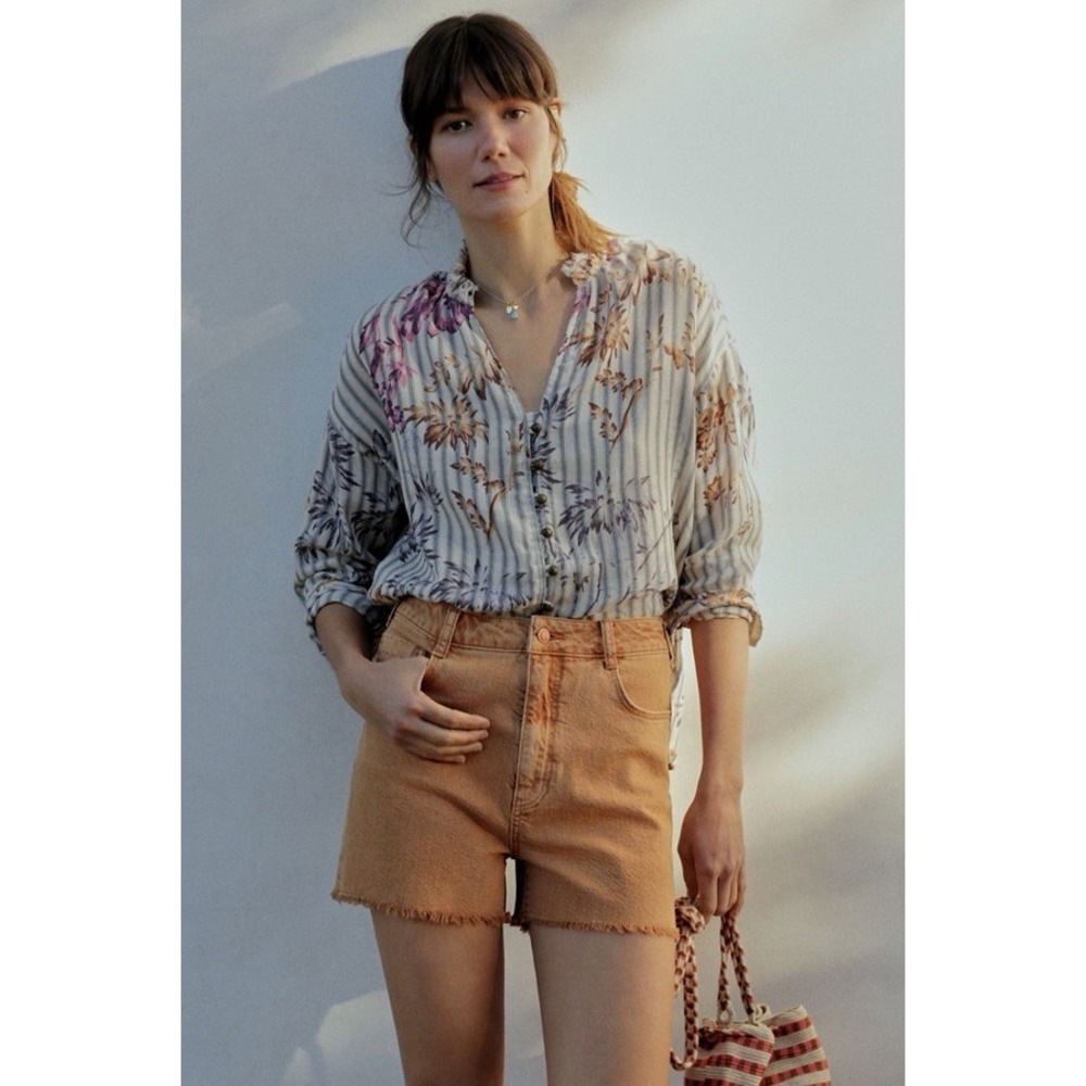Pilcro By Anthropologie Tavi Striped Floral Button Down Shirt V-Neck Size Small